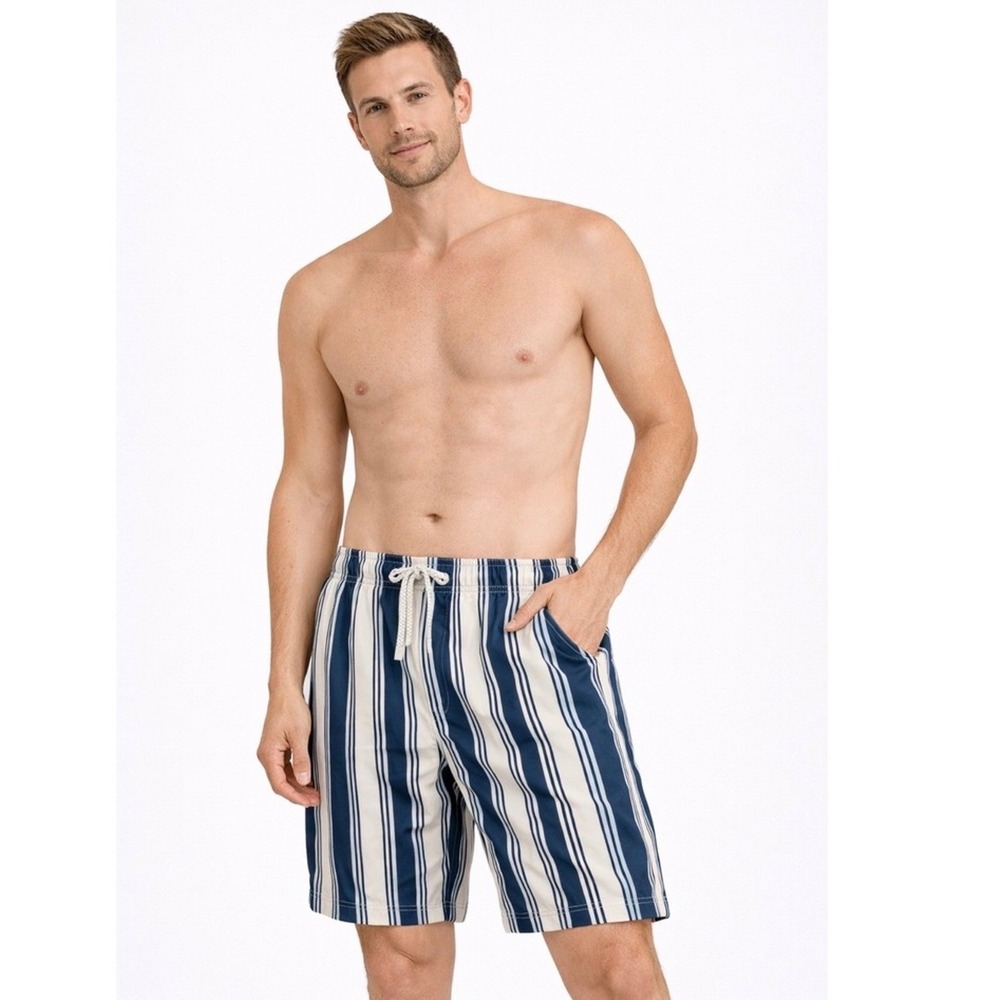 ZARA‎ Swim Shorts Men's Medium Striped Trunks Navy Beige Elastic Waist Pockets